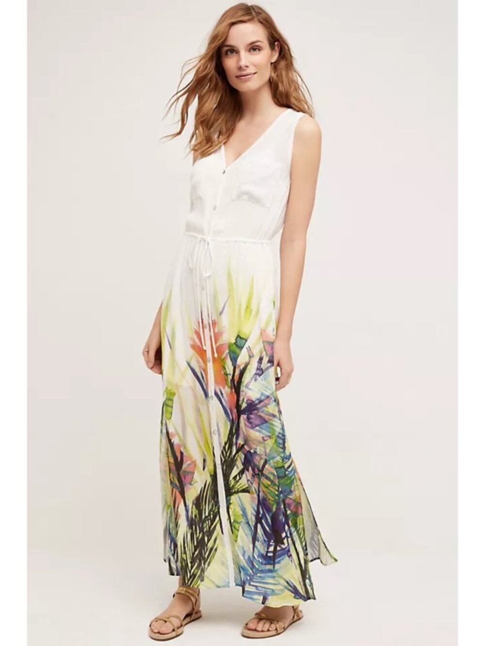 Anthropologie Watergarden Tropical Maxi Dress Button Front Rayon Women M NWT